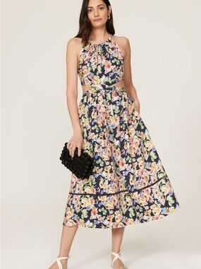 $195 SOMETHING NAVY Floral Midi Dress with Cutouts - Size XS